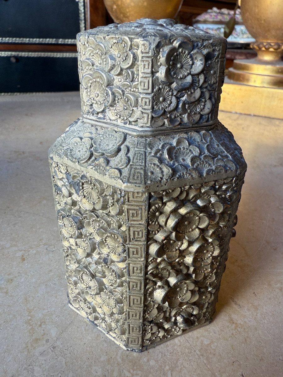 Repoussé Tin Tea Box, Greek Decoration And Lotus Flowers, China, Asia...-photo-3