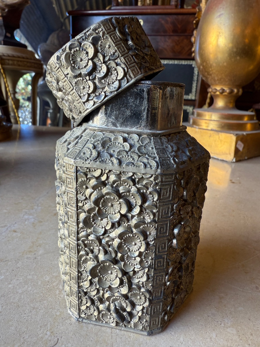 Repoussé Tin Tea Box, Greek Decoration And Lotus Flowers, China, Asia...-photo-1