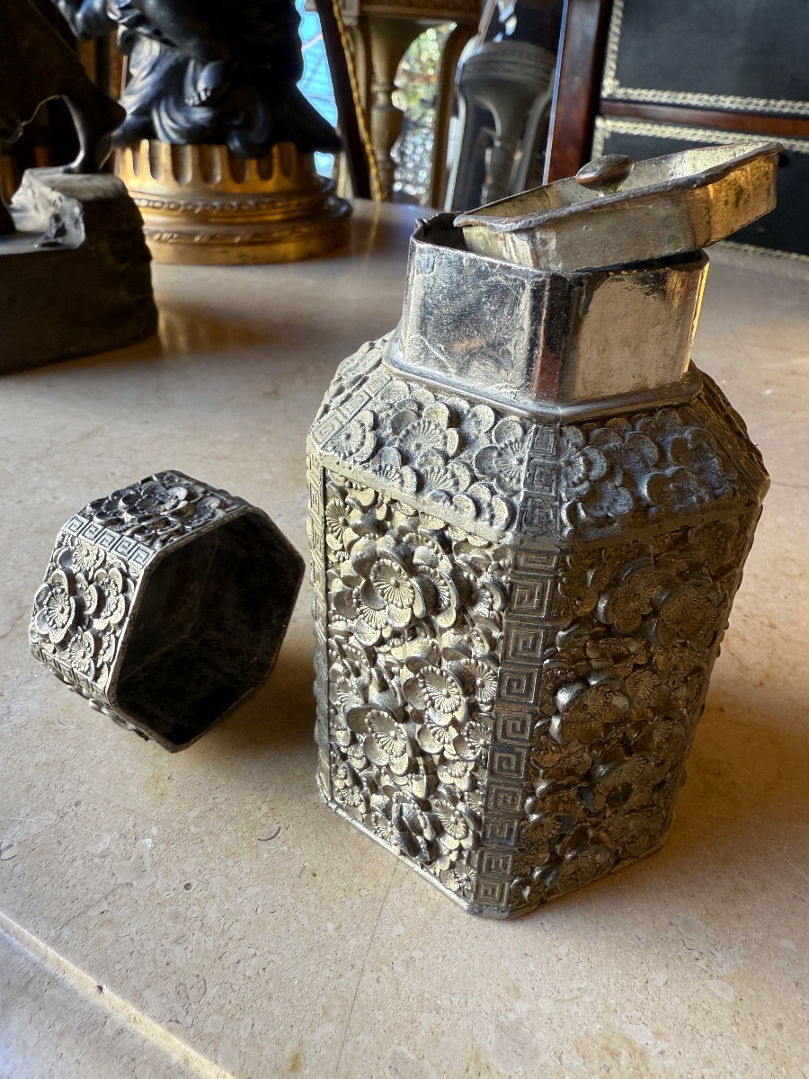 Repoussé Tin Tea Box, Greek Decoration And Lotus Flowers, China, Asia...-photo-2