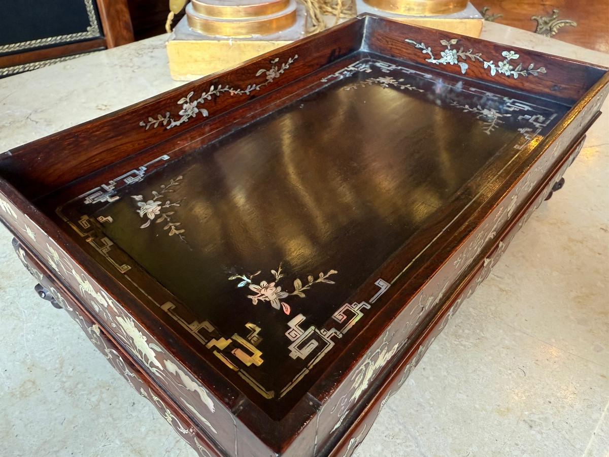 Indochinese Letter Tray In Exotic Wood And Mother-of-pearl, Early 20th Century -photo-2