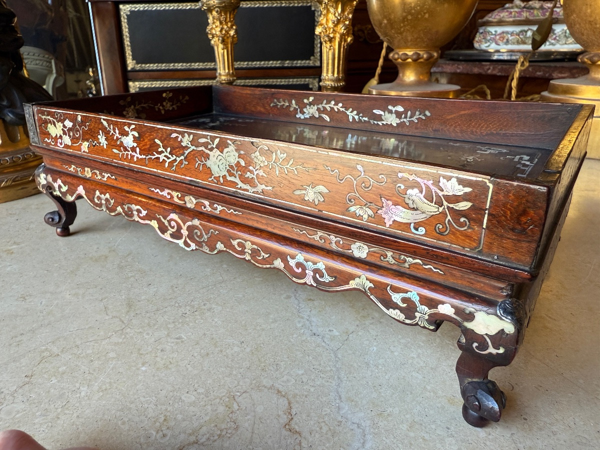 Indochinese Letter Tray In Exotic Wood And Mother-of-pearl, Early 20th Century -photo-3