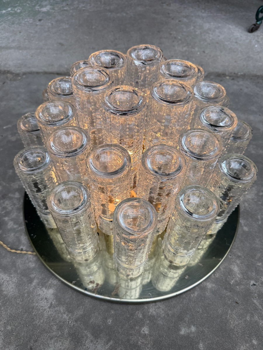 Pair Of Limburg Ceiling Lights In Glass And Gold Metal, 1970s Design-photo-3