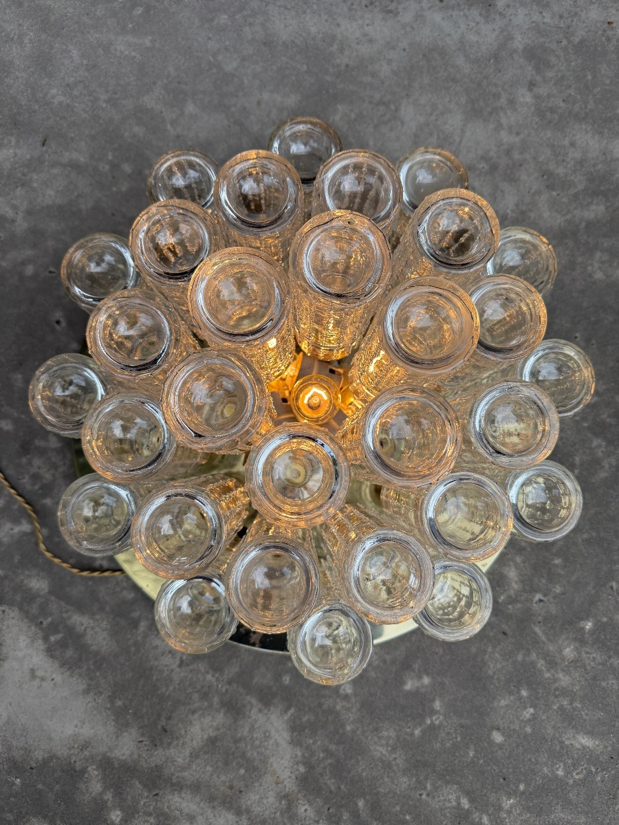 Pair Of Limburg Ceiling Lights In Glass And Gold Metal, 1970s Design-photo-3