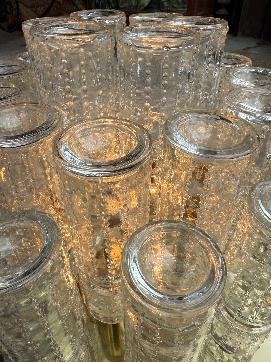 Pair Of Limburg Ceiling Lights In Glass And Gold Metal, 1970s Design-photo-4