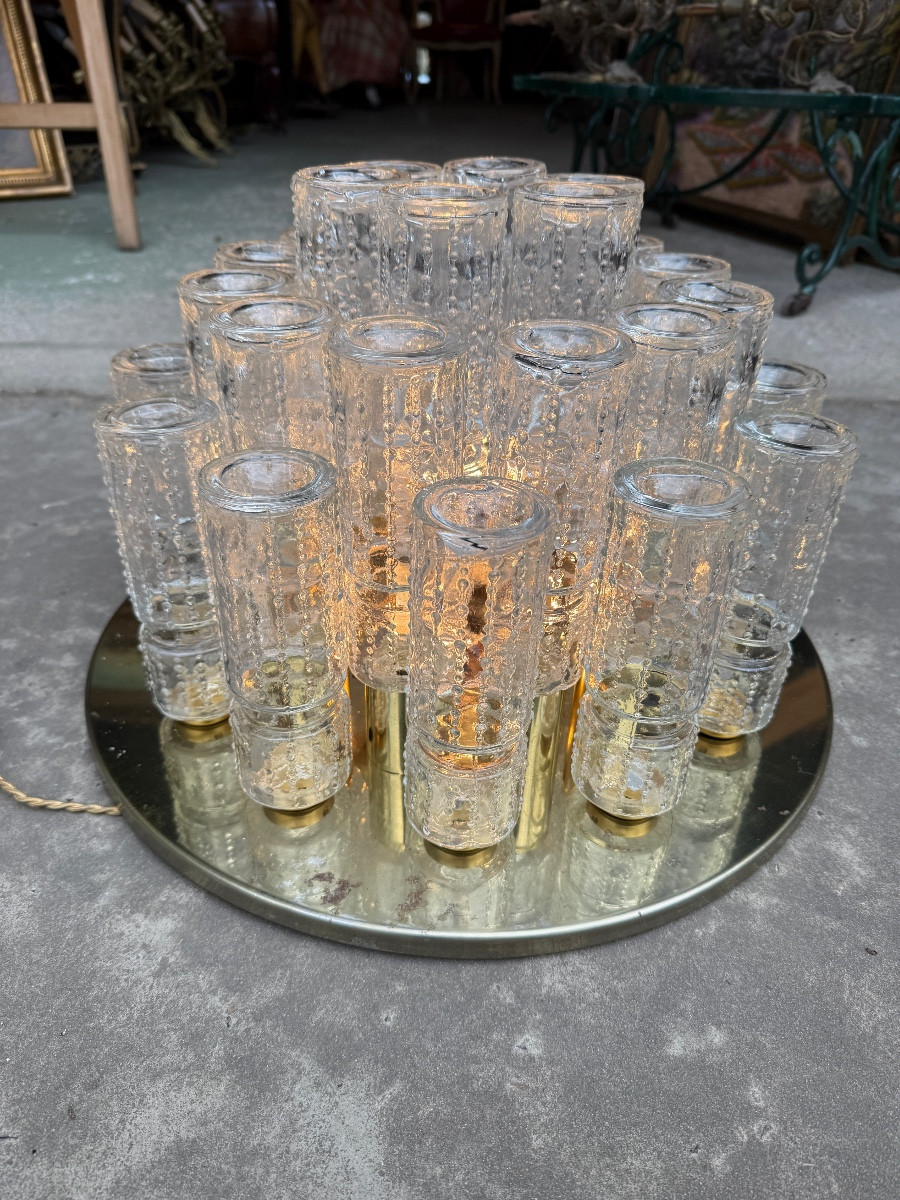 Pair Of Limburg Ceiling Lights In Glass And Gold Metal, 1970s Design