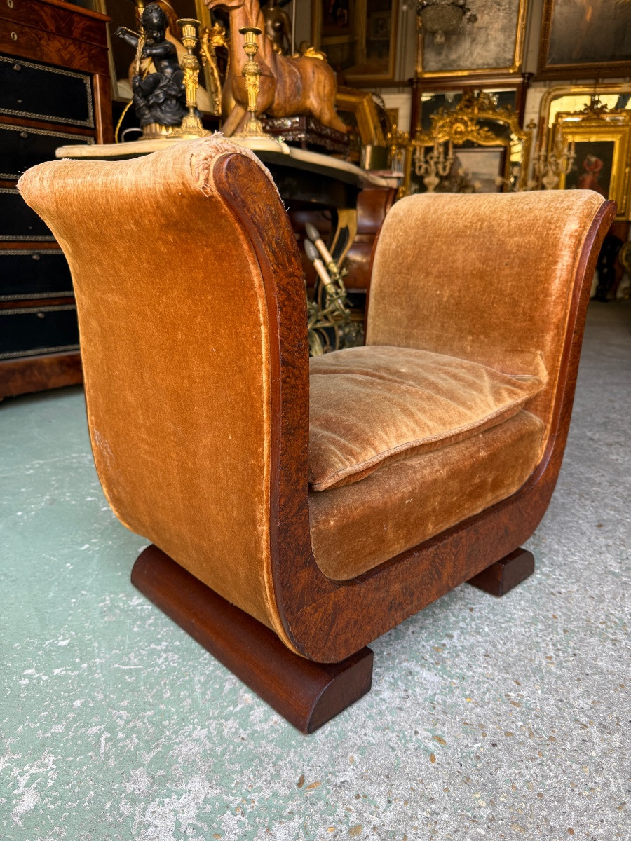 Banquette Tapissée époque Art-déco 1930 En Loupe D’amboine Et Acajou -photo-2