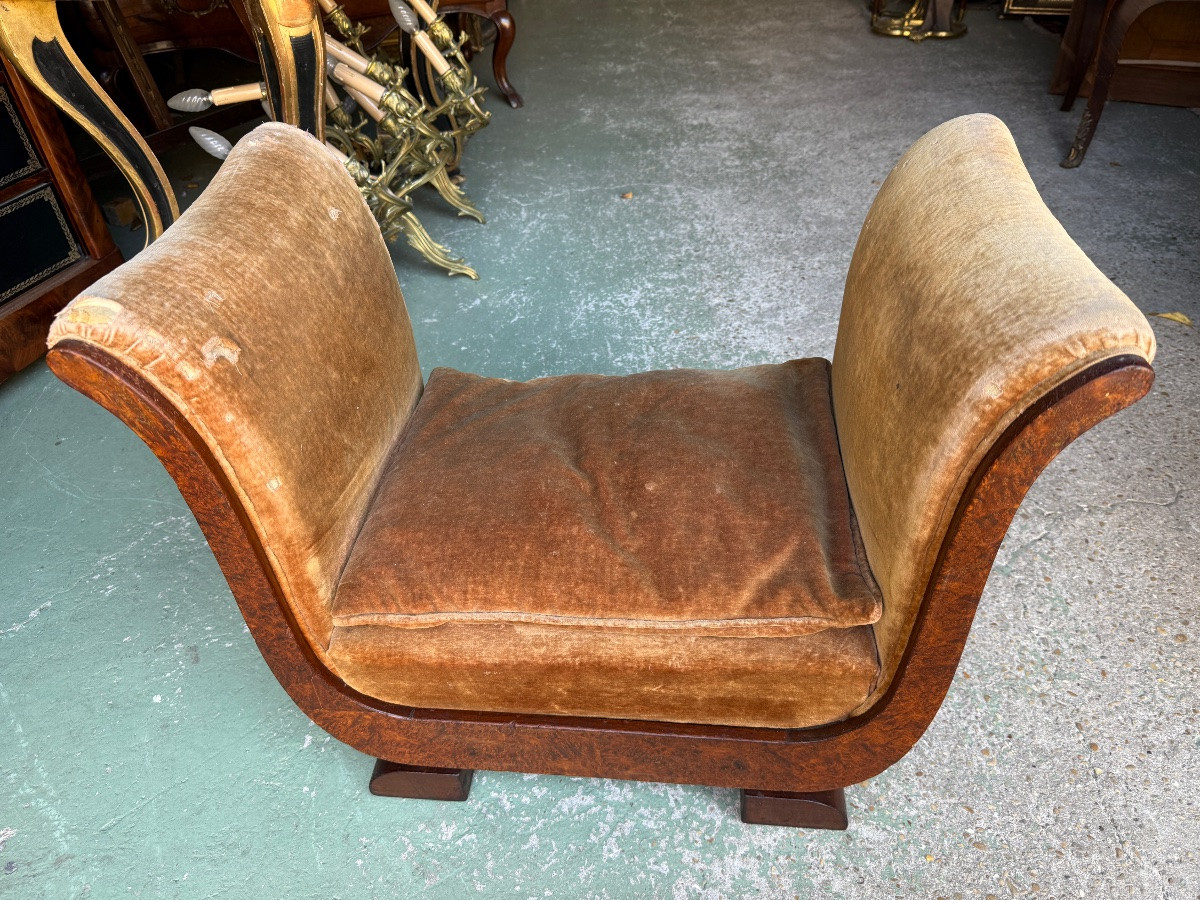 Banquette Tapissée époque Art-déco 1930 En Loupe D’amboine Et Acajou -photo-3