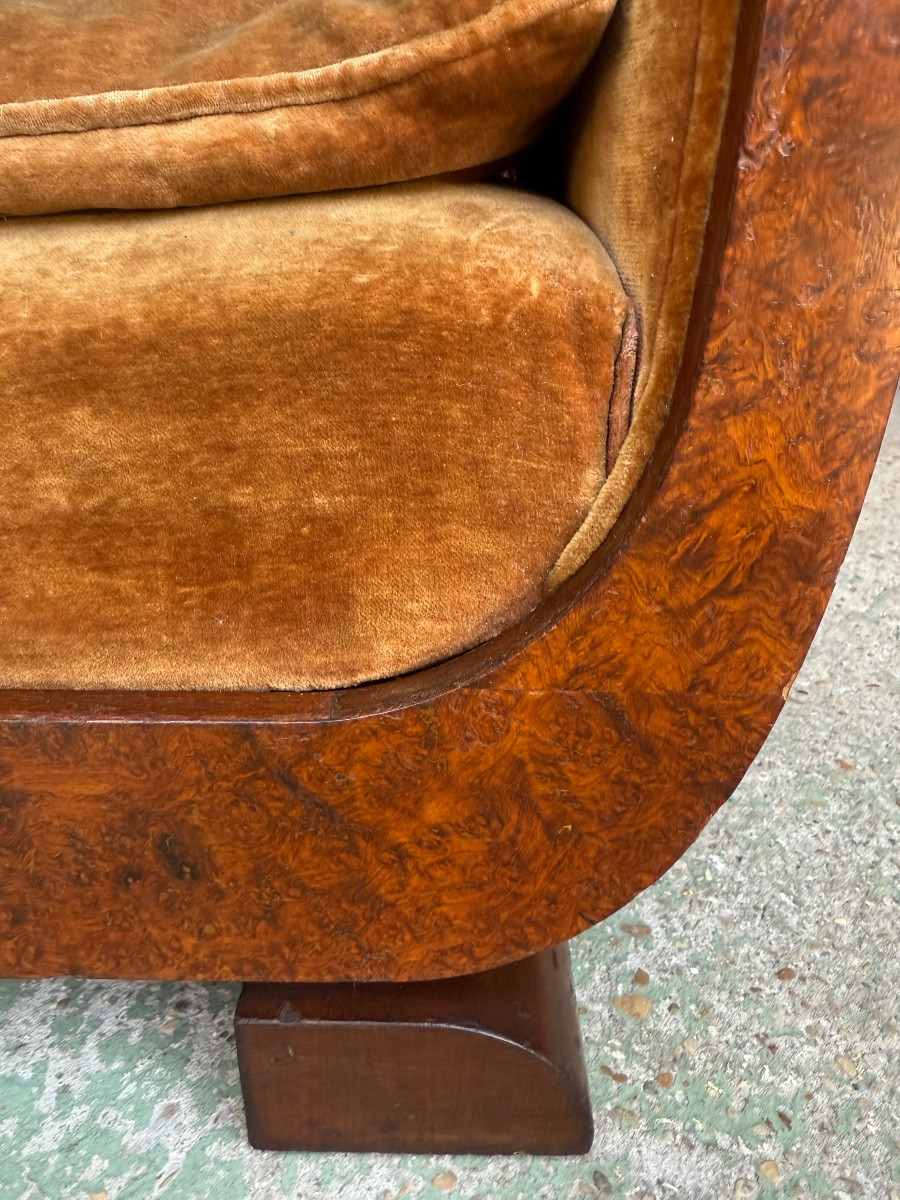 Banquette Tapissée époque Art-déco 1930 En Loupe D’amboine Et Acajou -photo-6