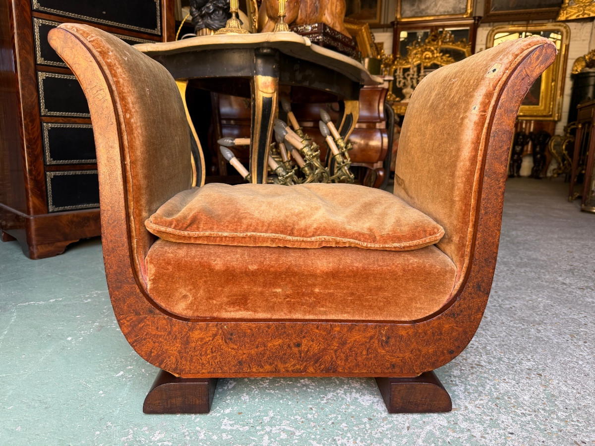Banquette Tapissée époque Art-déco 1930 En Loupe D’amboine Et Acajou 