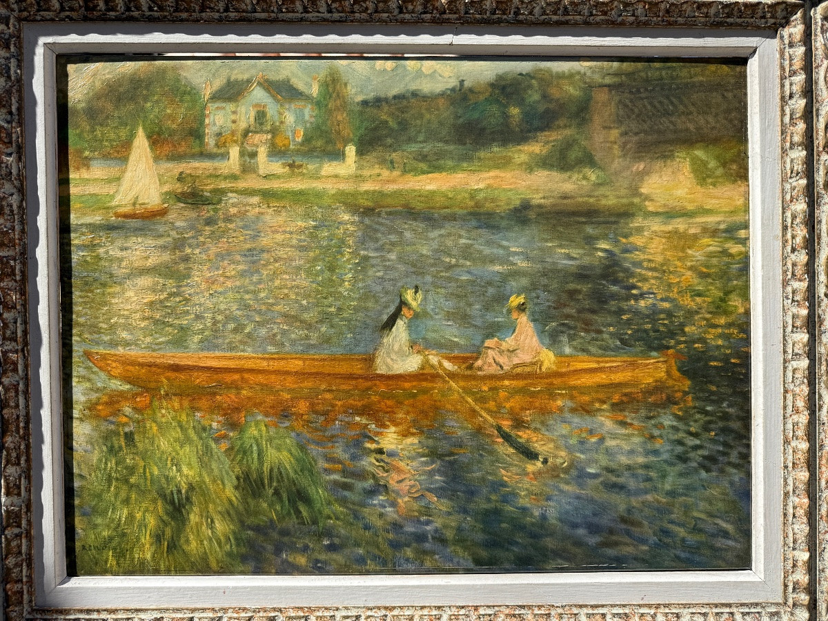 Oil On Canvas, Impressionist Landscape, Reproduction Of A Work By Renoir "la Barque"-photo-1