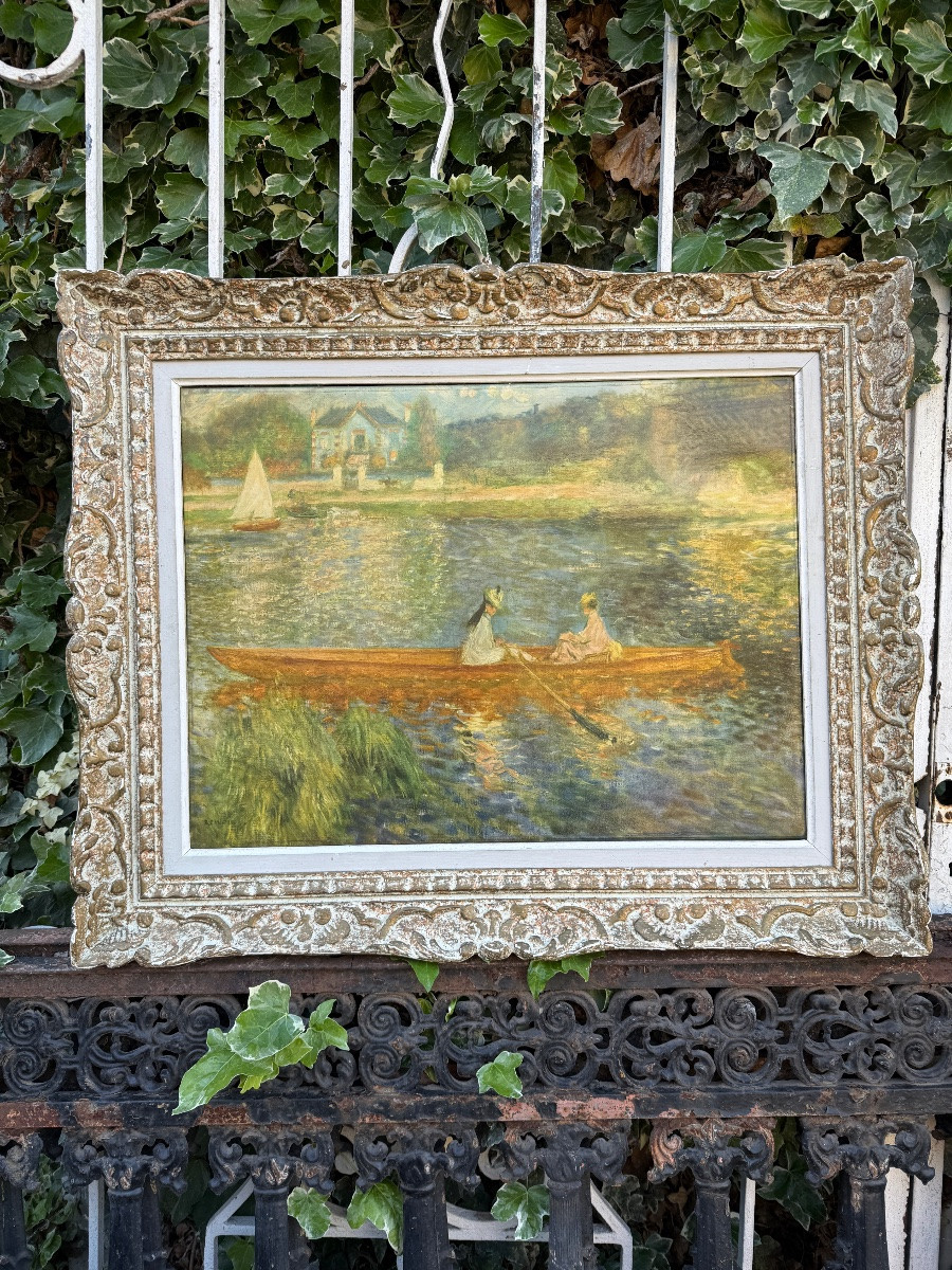 Oil On Canvas, Impressionist Landscape, Reproduction Of A Work By Renoir "la Barque"-photo-2