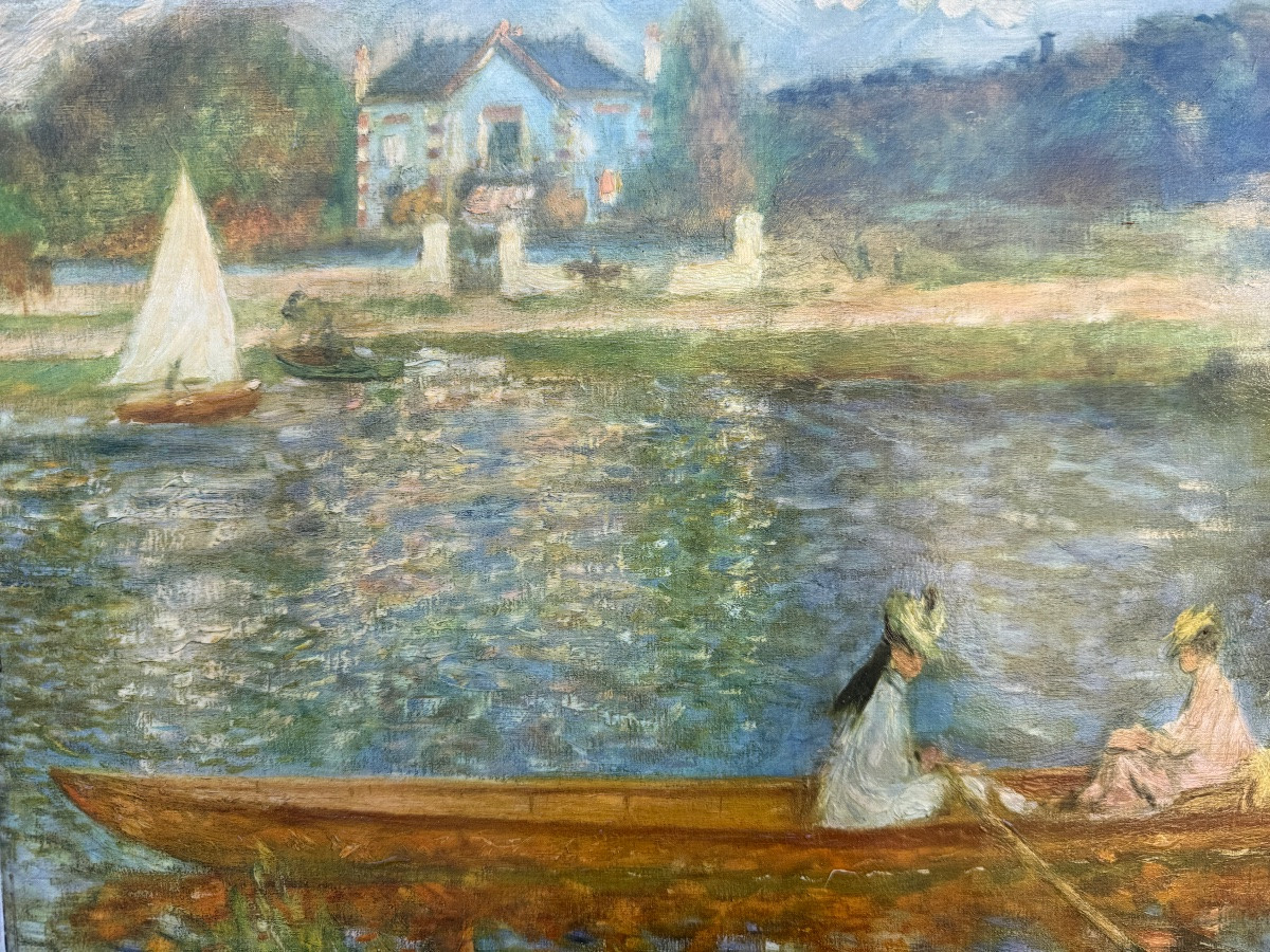 Oil On Canvas, Impressionist Landscape, Reproduction Of A Work By Renoir "la Barque"-photo-3