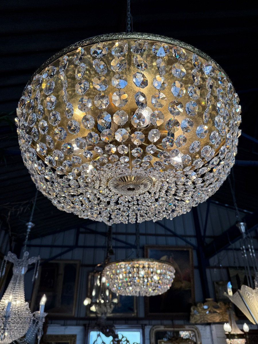 Paire de grands plafonniers de style Louis XVI, pampilles de cristal et laiton -photo-2