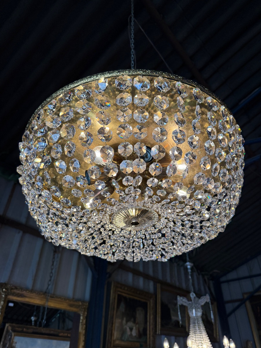 Paire de grands plafonniers de style Louis XVI, pampilles de cristal et laiton -photo-4