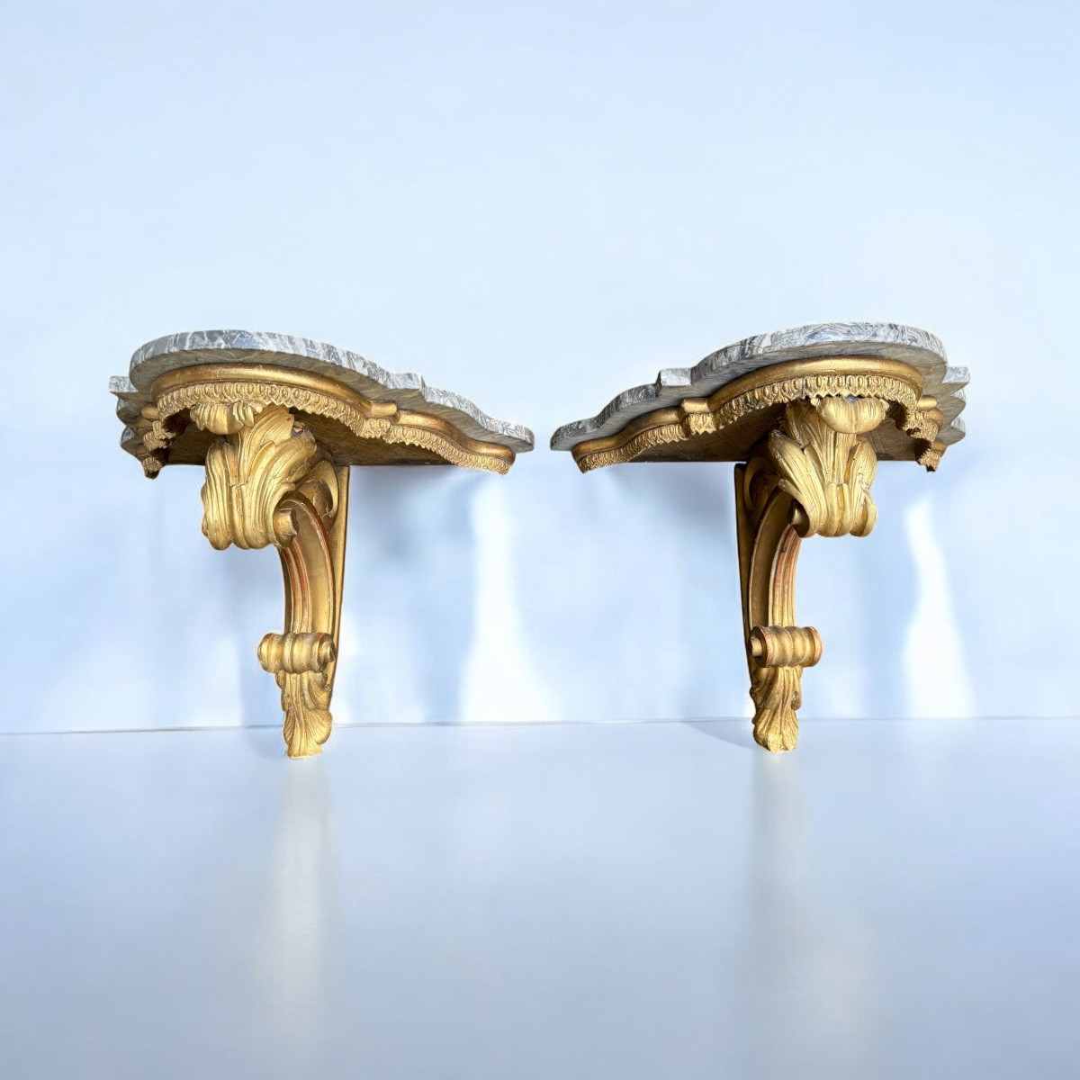 Pair Of Napoleon III Period Wall Consoles, Wood And Gilded Stucco, Gray Marble Top -photo-3