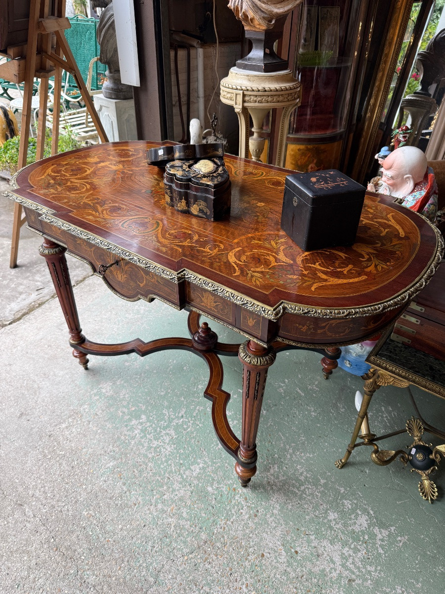 Louis XVI Style Pedestal Table / Center Table, Napoleon III Period, In Marquetry -photo-2