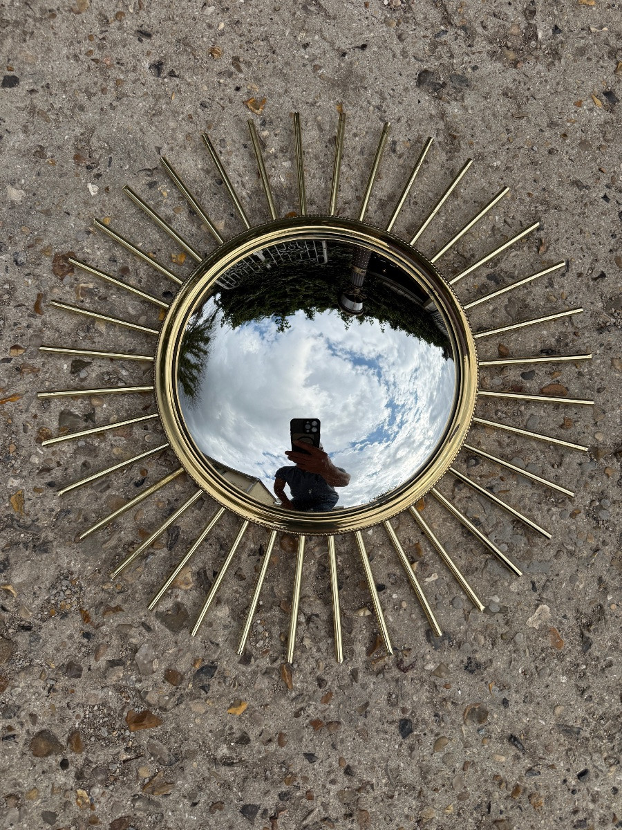 Paire de miroirs sorcière en laiton et métal doré XXème siècle -photo-4