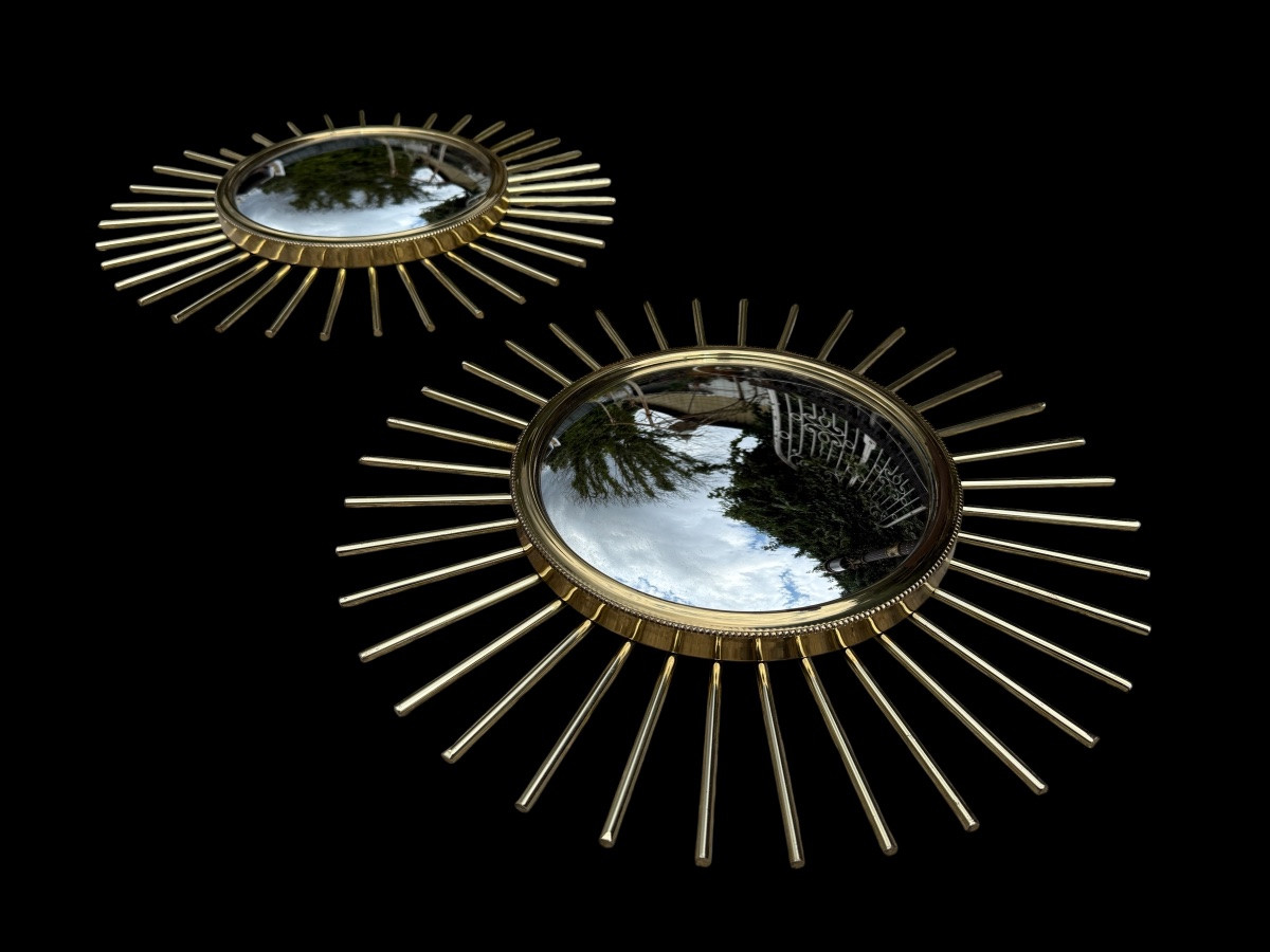 Paire de miroirs sorcière en laiton et métal doré XXème siècle -photo-4