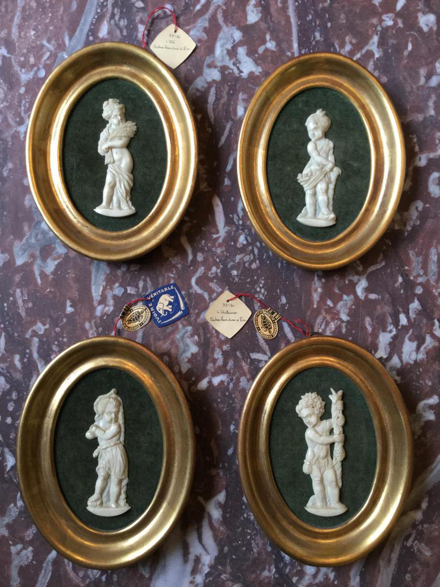 "4 Seasons" In Ivory Carved Ancient Medallions Golden Frames