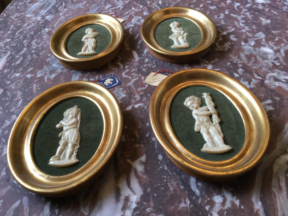 "4 Seasons" In Ivory Carved Ancient Medallions Golden Frames-photo-4