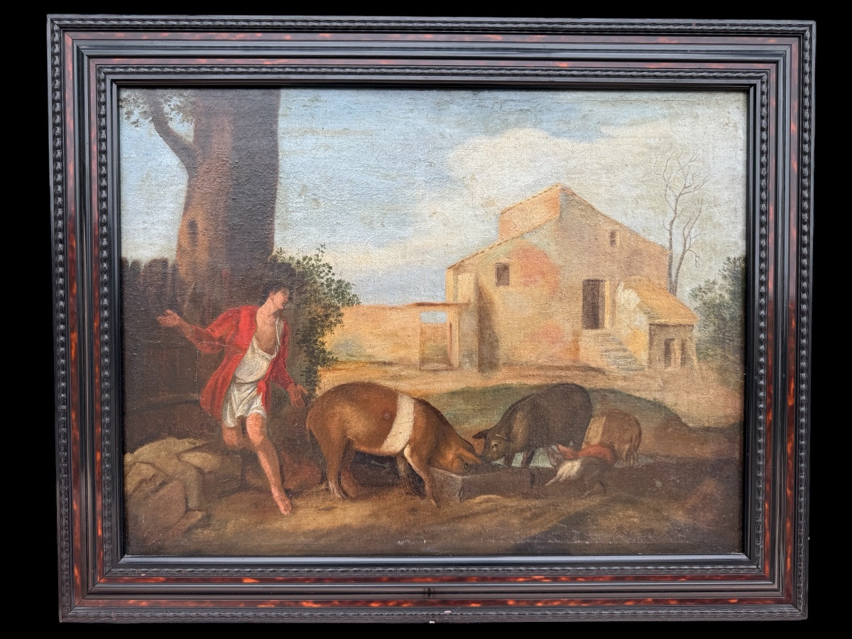 Huile sur toile religieuse fin 18ème , l’enfant prodigue et ses cochons -photo-2
