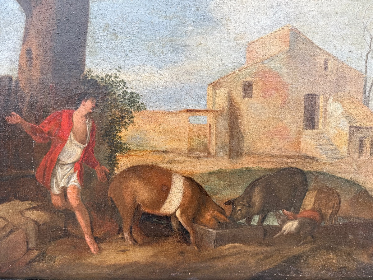 Huile sur toile religieuse fin 18ème , l’enfant prodigue et ses cochons -photo-3