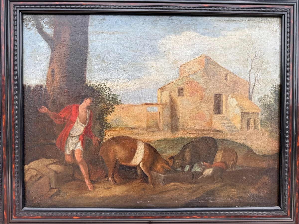 Huile sur toile religieuse fin 18ème , l’enfant prodigue et ses cochons -photo-1