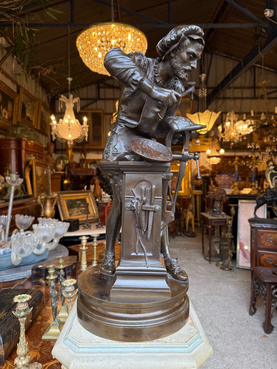 Personnage XIXème en bronze à patine brune "le dinandier" signé A. GAUDEZ (1845 - 1902) Susses -photo-3