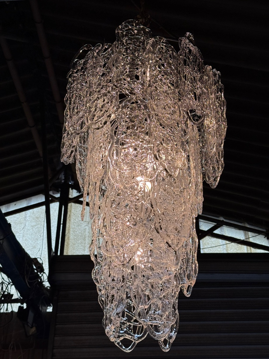 Italian Chandelier In Transparent Glass, Murano Circa 1970, "ragnatela" Model By Mazzega-photo-3