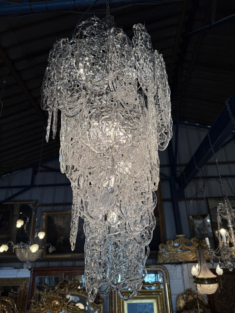 Italian Chandelier In Transparent Glass, Murano Circa 1970, "ragnatela" Model By Mazzega-photo-1