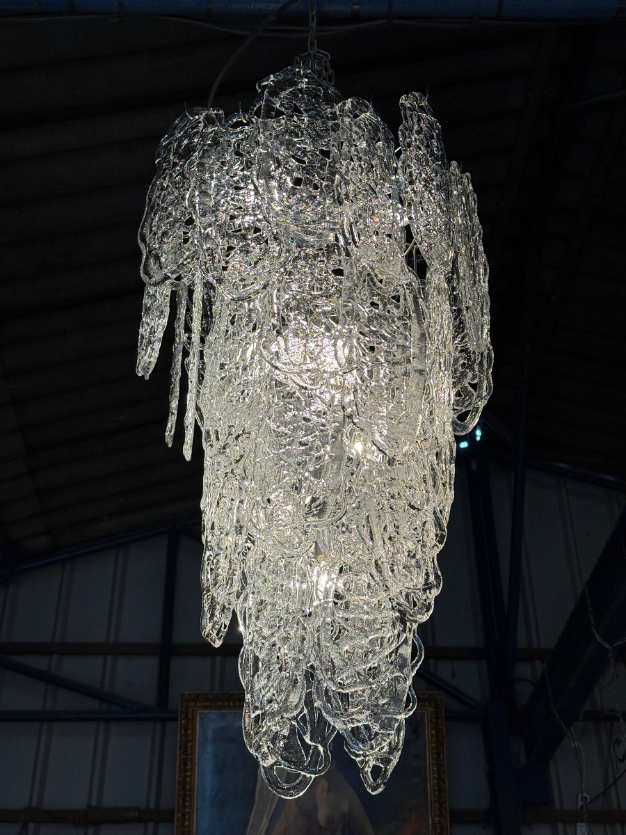 Italian Chandelier In Transparent Glass, Murano Circa 1970, "ragnatela" Model By Mazzega