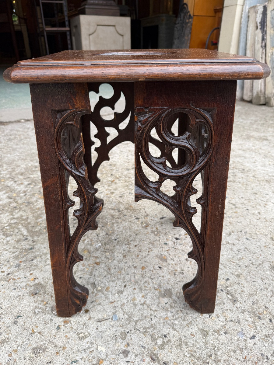 Pair Of Gothic Style Stools In Carved And Openwork Oak, To Be Restored -photo-5