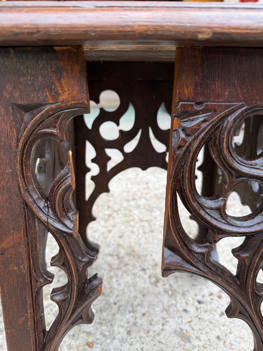 Pair Of Gothic Style Stools In Carved And Openwork Oak, To Be Restored -photo-6