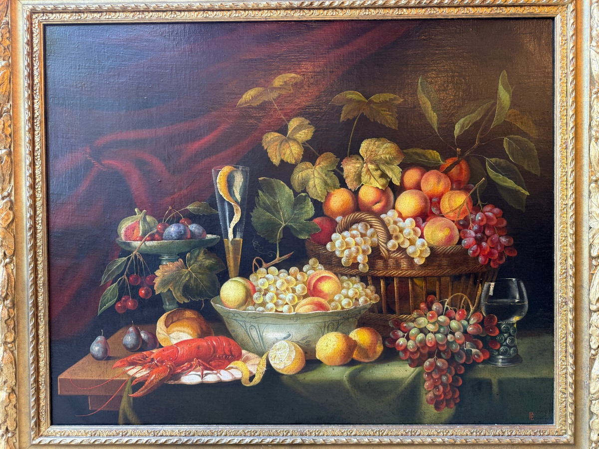 Large Still Life With Lobster And Fruit In The 18th Century Style 