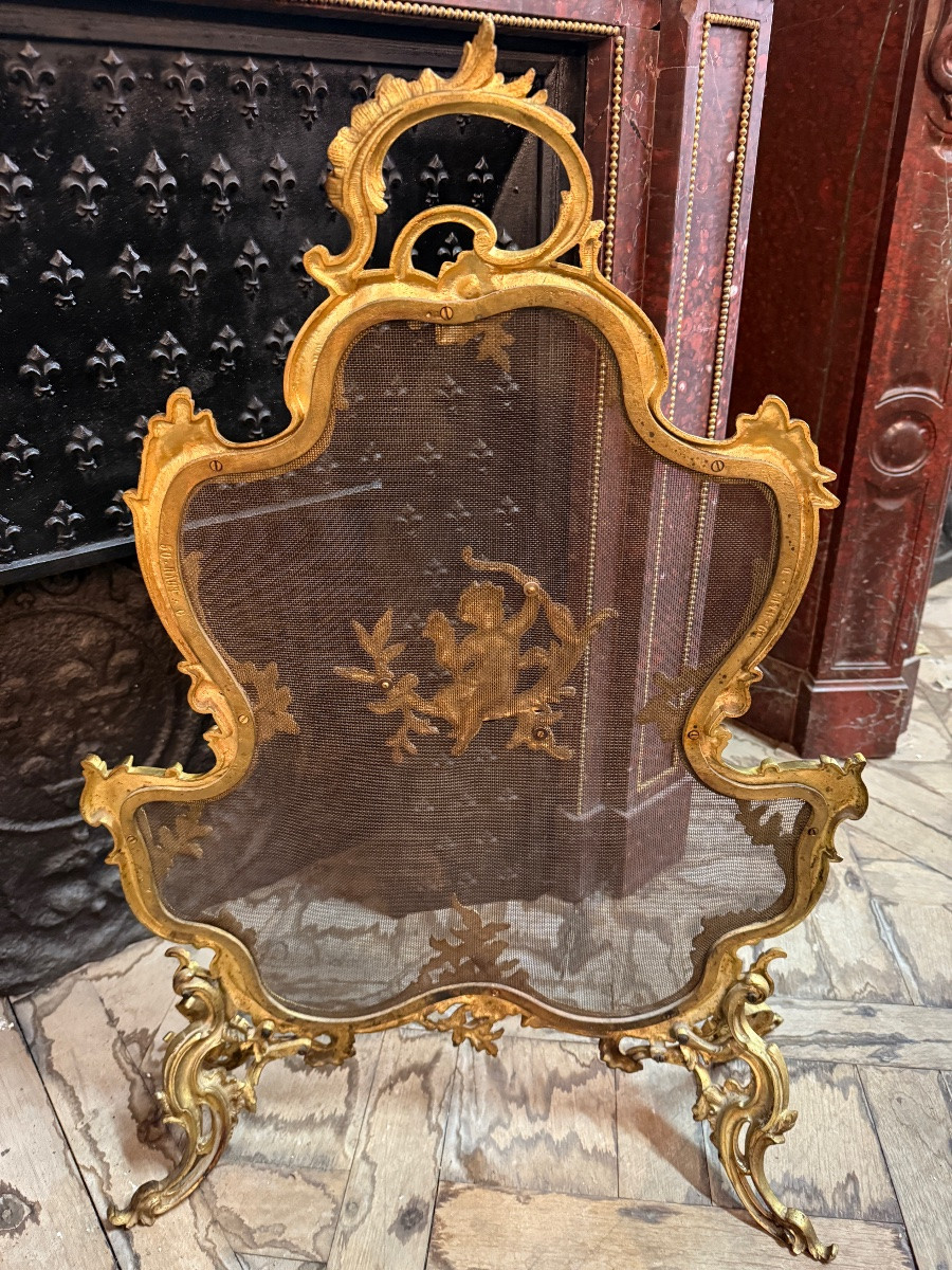 Pare feu de style Louis XV rocaille, en bronze doré,  époque XIXème, décor d’angelot-photo-6