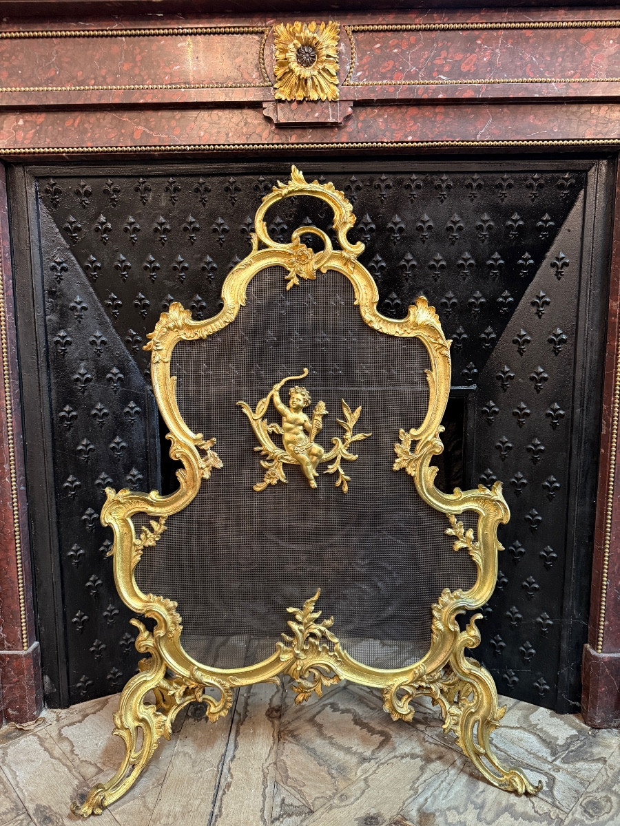 Pare feu de style Louis XV rocaille, en bronze doré,  époque XIXème, décor d’angelot