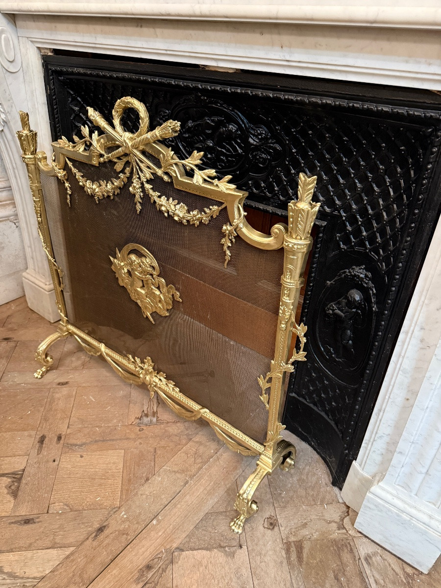 Pare feu de style Louis XVI en bronze doré, époque Napoléon III -photo-2