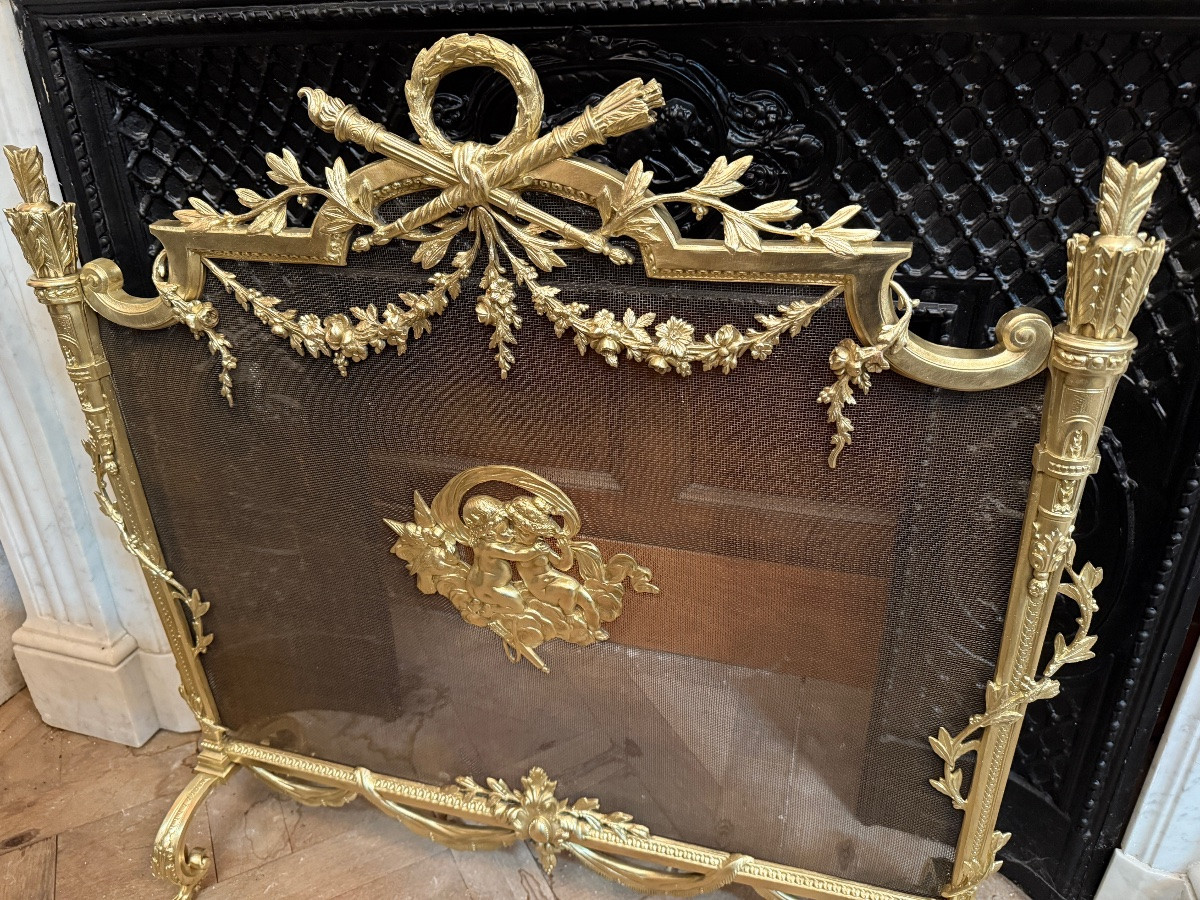 Pare feu de style Louis XVI en bronze doré, époque Napoléon III -photo-1