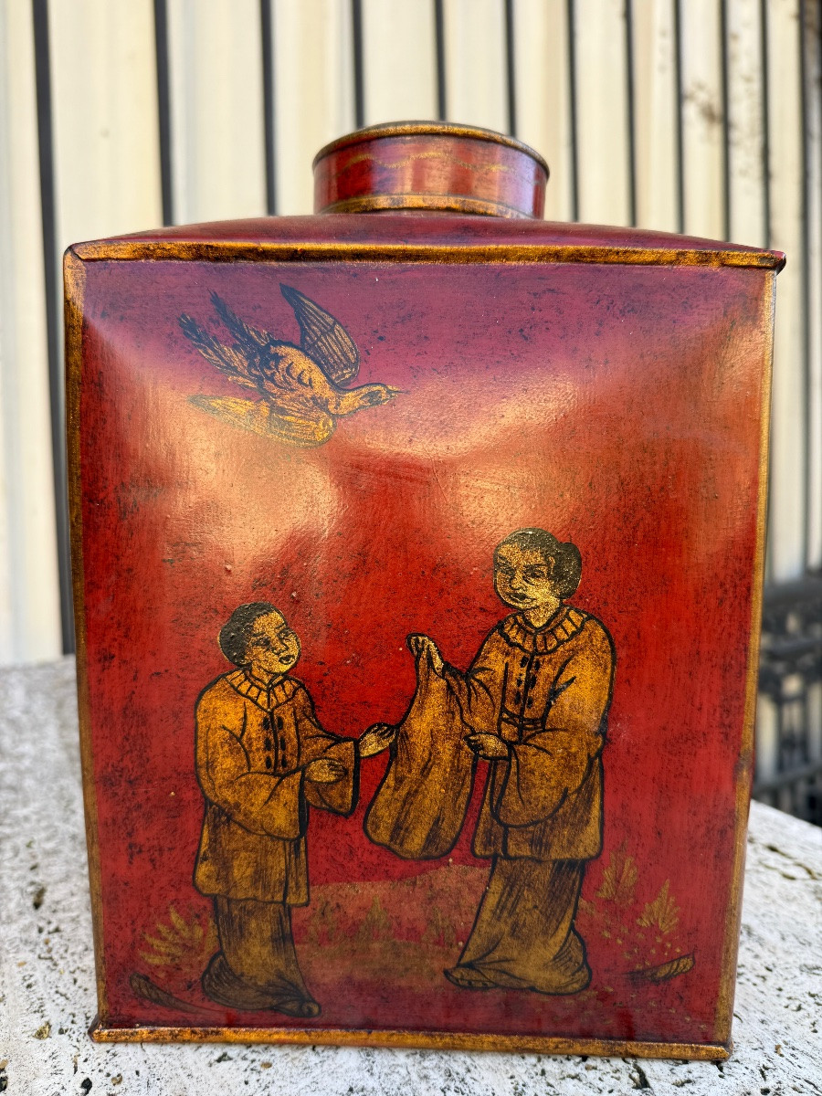 Asian Red Tin Tea Caddy, Circa 1950, China, Japan...-photo-2