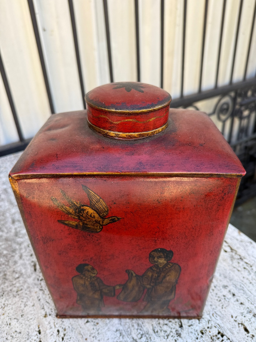 Asian Red Tin Tea Caddy, Circa 1950, China, Japan...-photo-3