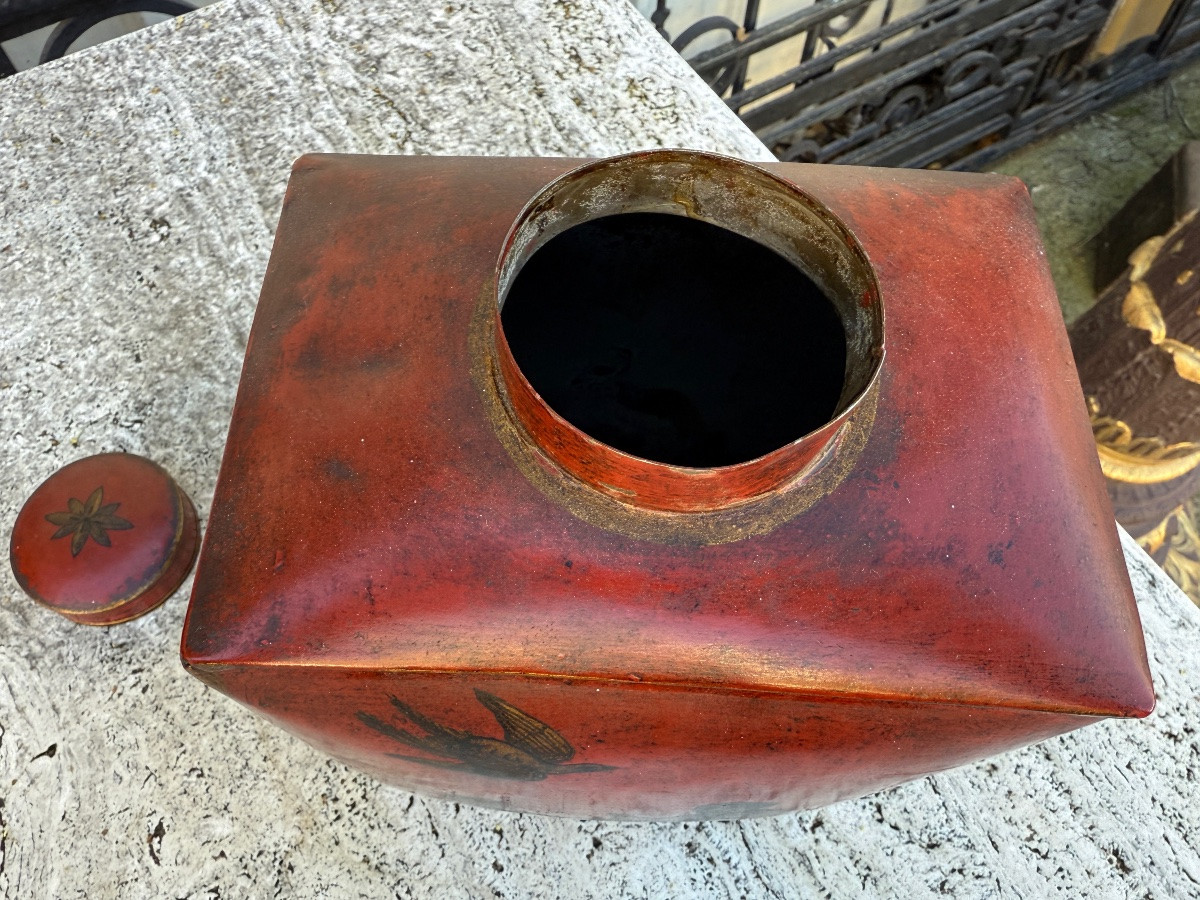 Asian Red Tin Tea Caddy, Circa 1950, China, Japan...-photo-3