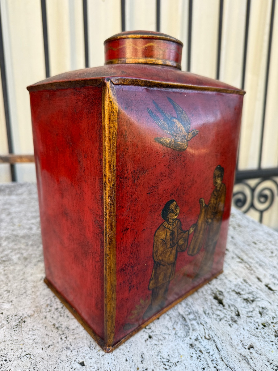 Asian Red Tin Tea Caddy, Circa 1950, China, Japan...