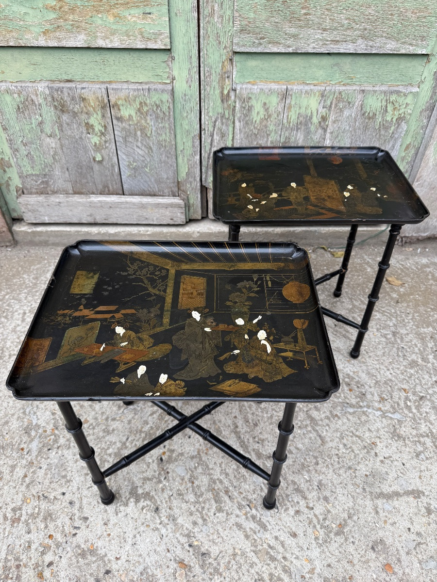Pair Of End Tables / Coffee Tables In Black Chinese Lacquer, Bamboo-style Wooden Base -photo-2