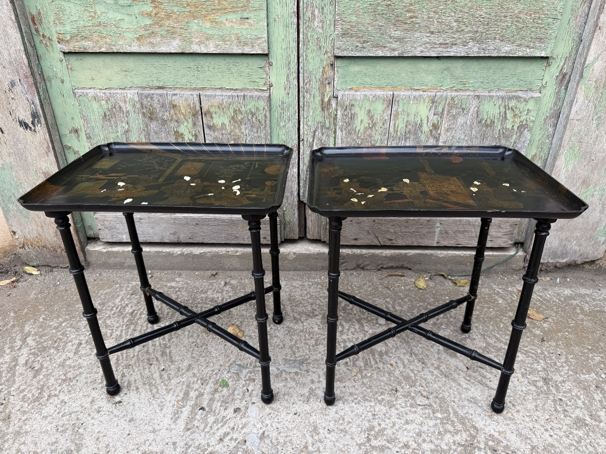 Pair Of End Tables / Coffee Tables In Black Chinese Lacquer, Bamboo-style Wooden Base -photo-2