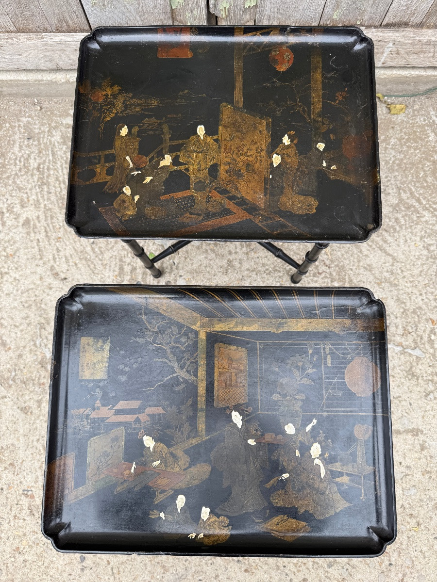 Pair Of End Tables / Coffee Tables In Black Chinese Lacquer, Bamboo-style Wooden Base -photo-3