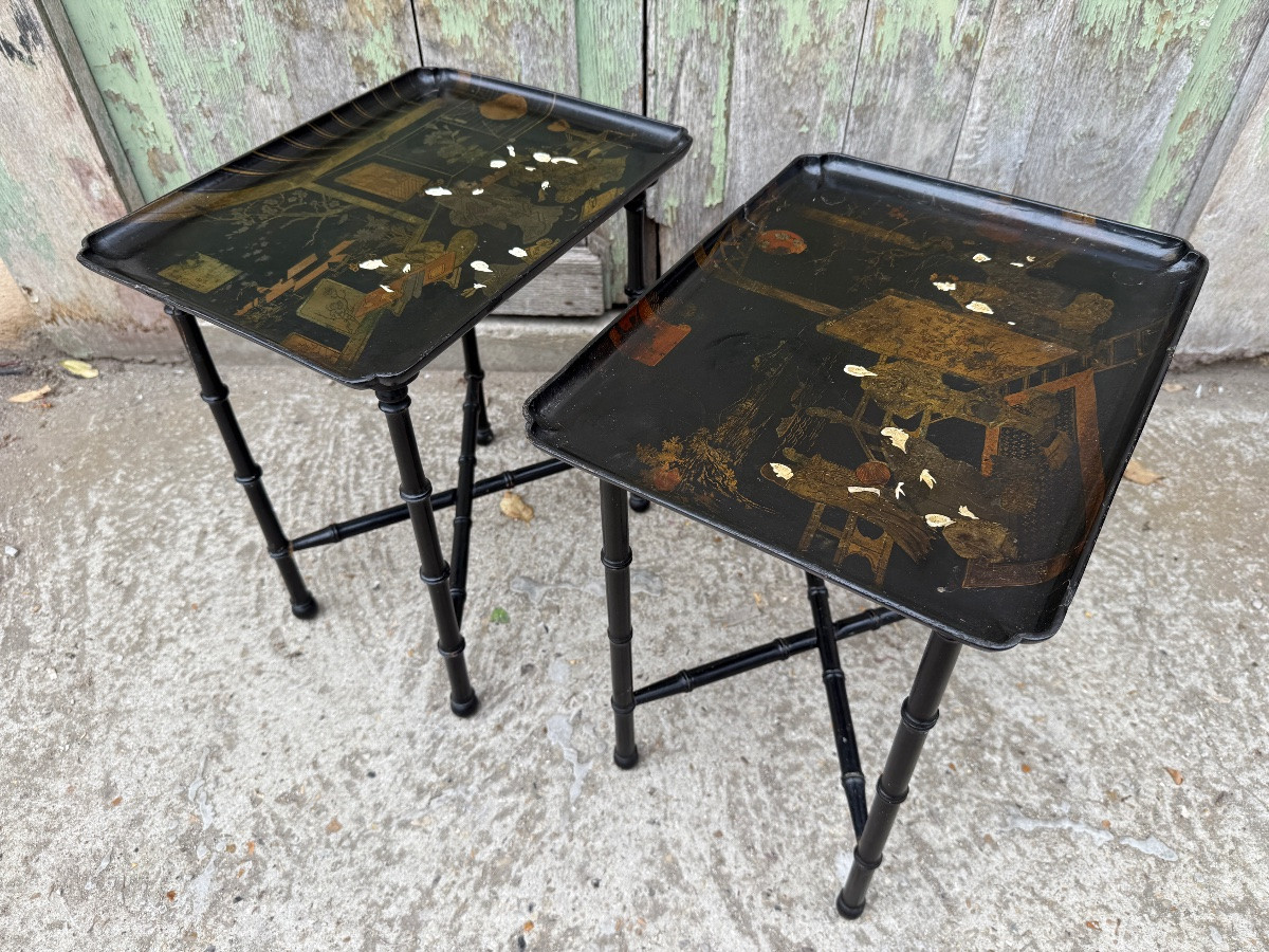 Pair Of End Tables / Coffee Tables In Black Chinese Lacquer, Bamboo-style Wooden Base -photo-4
