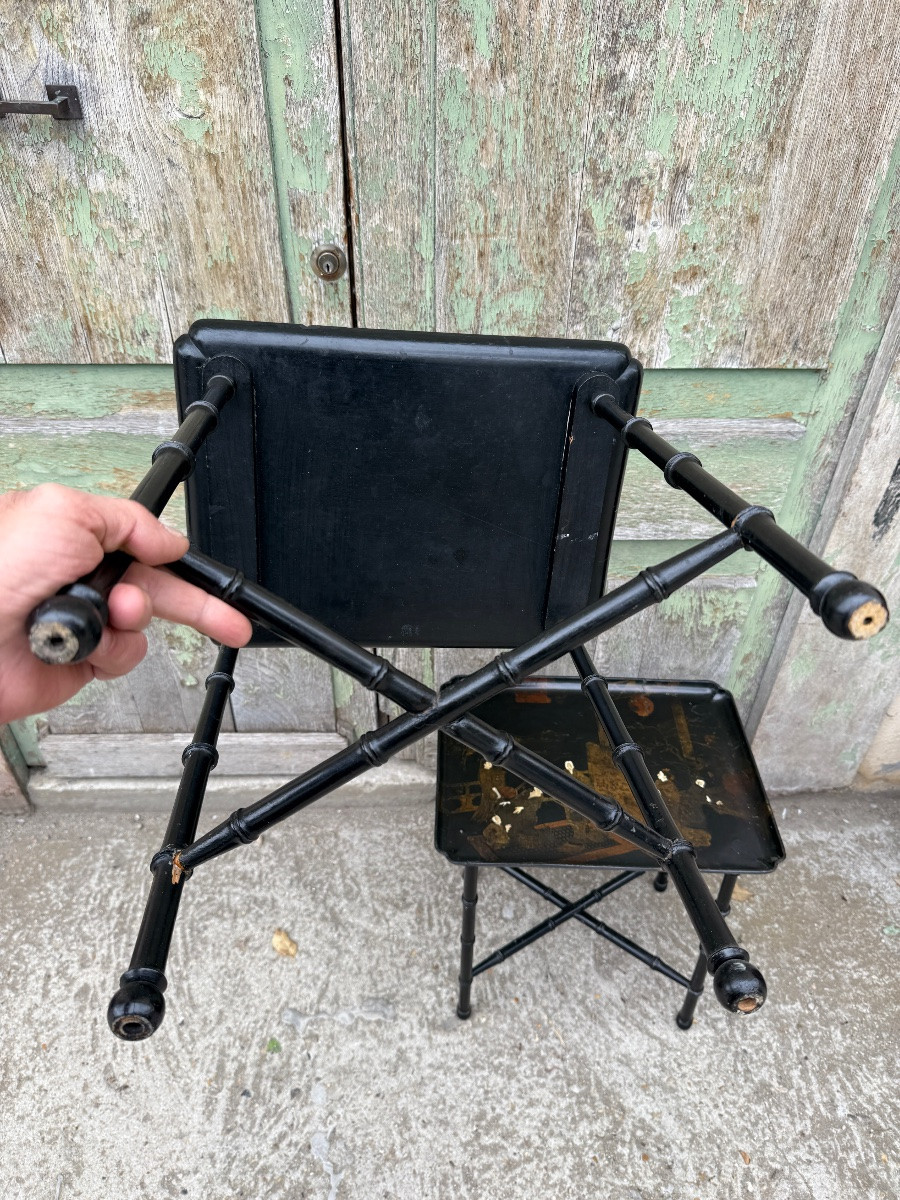 Pair Of End Tables / Coffee Tables In Black Chinese Lacquer, Bamboo-style Wooden Base -photo-5