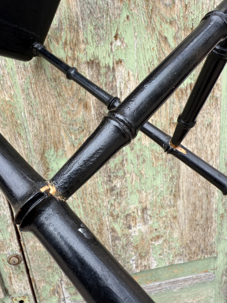 Pair Of End Tables / Coffee Tables In Black Chinese Lacquer, Bamboo-style Wooden Base -photo-8
