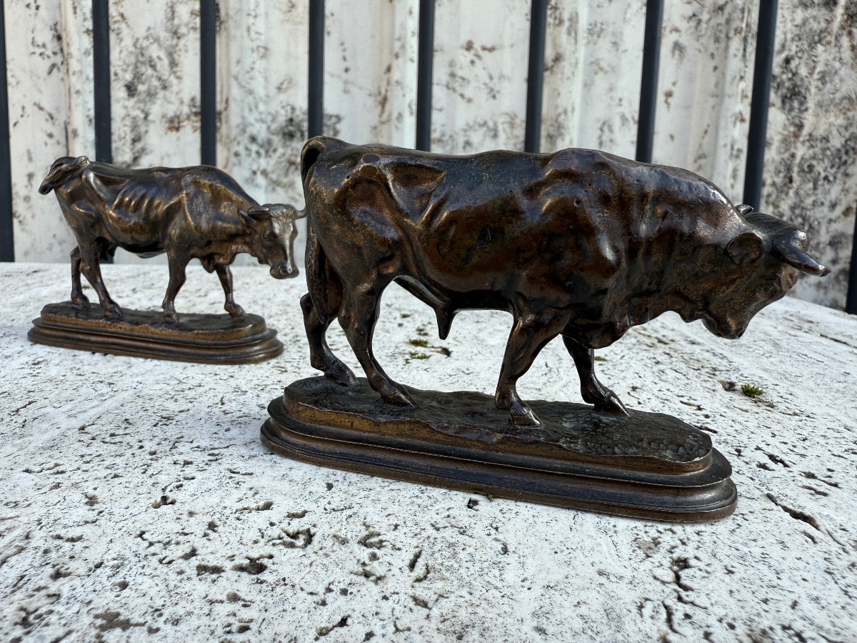 Pair Of Bronze Subjects With Brown Patina, 19th Century, Bull And Cow -photo-3