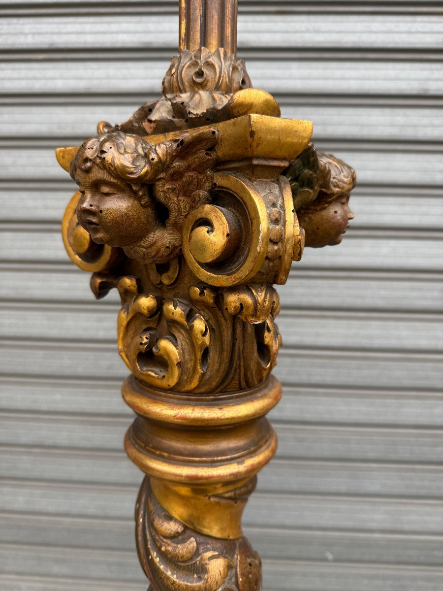 Carved And Gilded Wooden Floor Lamp, Decorated With Griffins, 19th Century. -photo-3